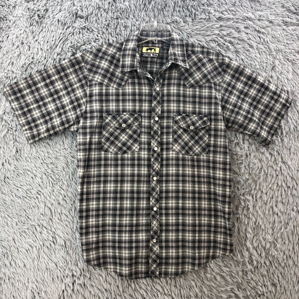 Western Trails Shirt Mens Large Pearl Button Snap Plaid Gray Black Cowboy Yoke